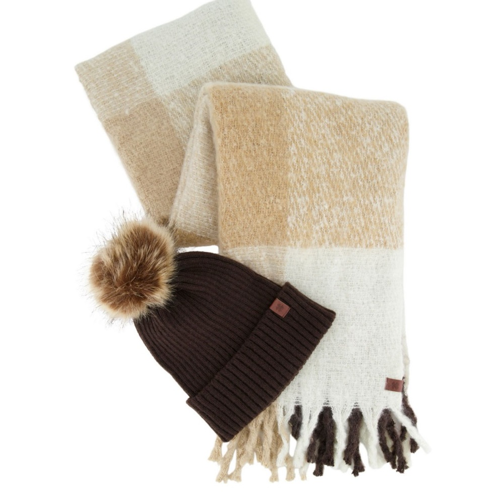 Lucky Brand Hat and Scarf Set Brown Ribbed Beanie W/Faux Fur Pom & Plaid Scarf